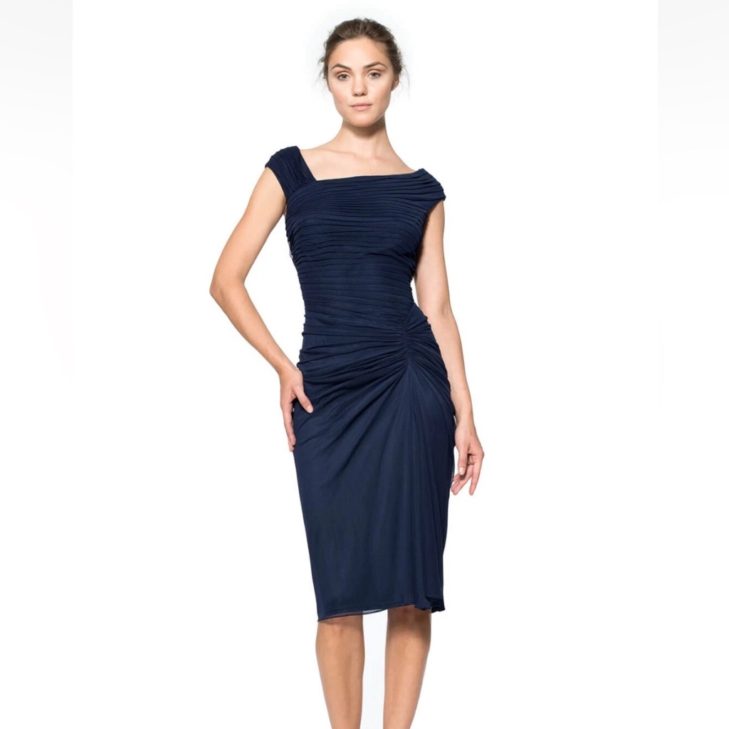 Tadashi Shoji Women Asymmetrical Mesh Ruched Stretch Navy Blue Formal Dress Sz M